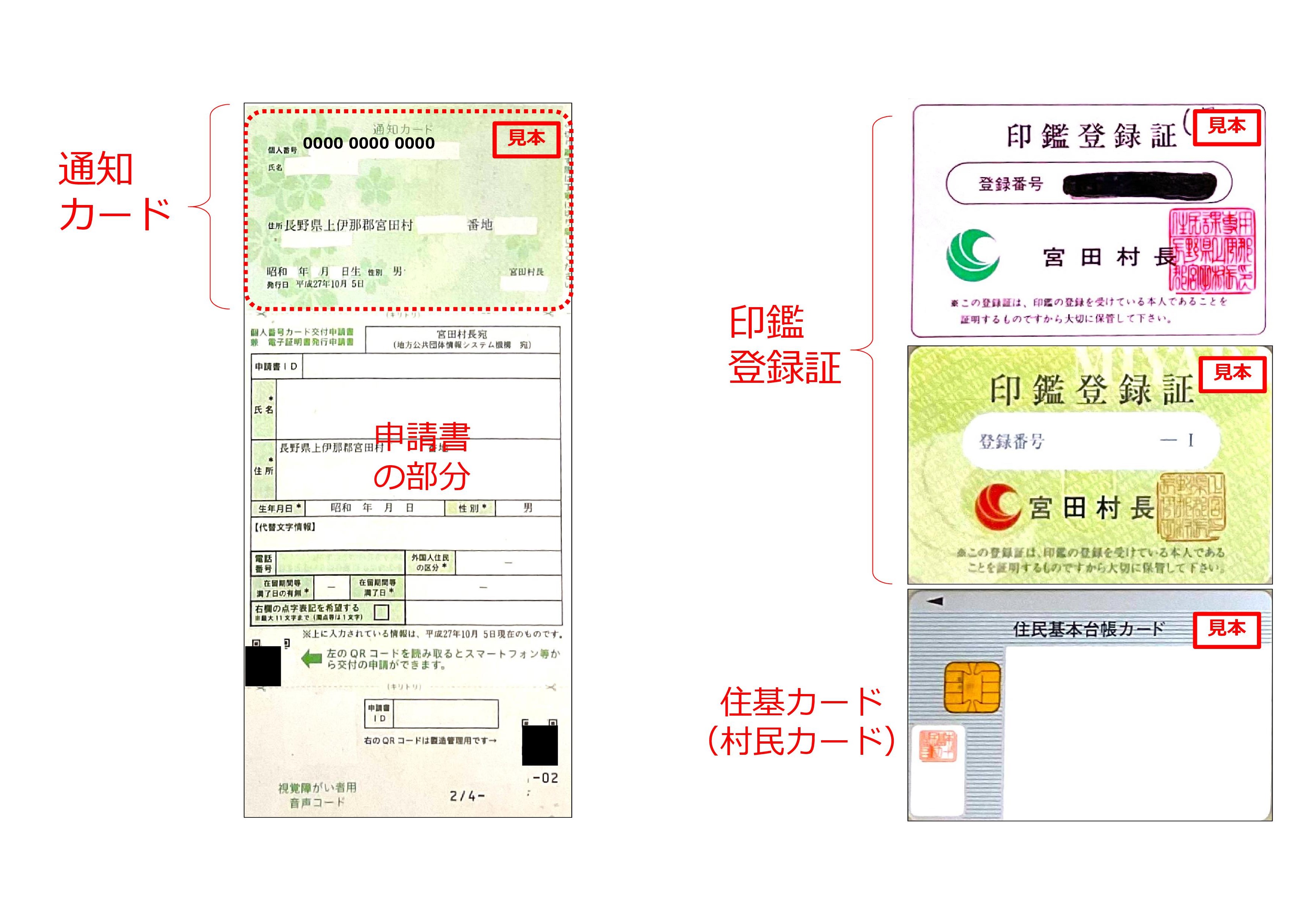 マイナンバー通知カードと印鑑登録証と住基カードの見本